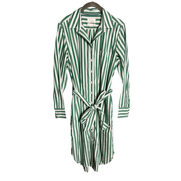 J. Crew Green Striped Cotton Belted Shirtdress Size 6 Button‎ Front Long Sleeve - Picture 2 of 7
